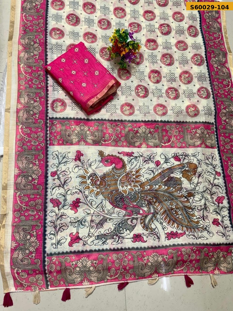 Fancy Soft Linen Cotton Mayur Printed Saree