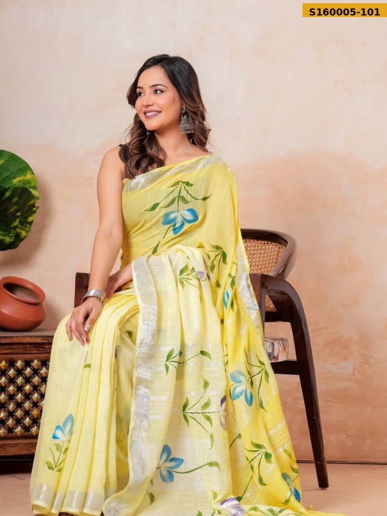 Fancy Handblock Print Linen Sarees