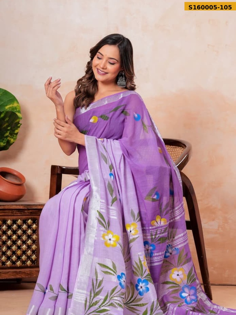 Fancy Handblock Print Linen Sarees