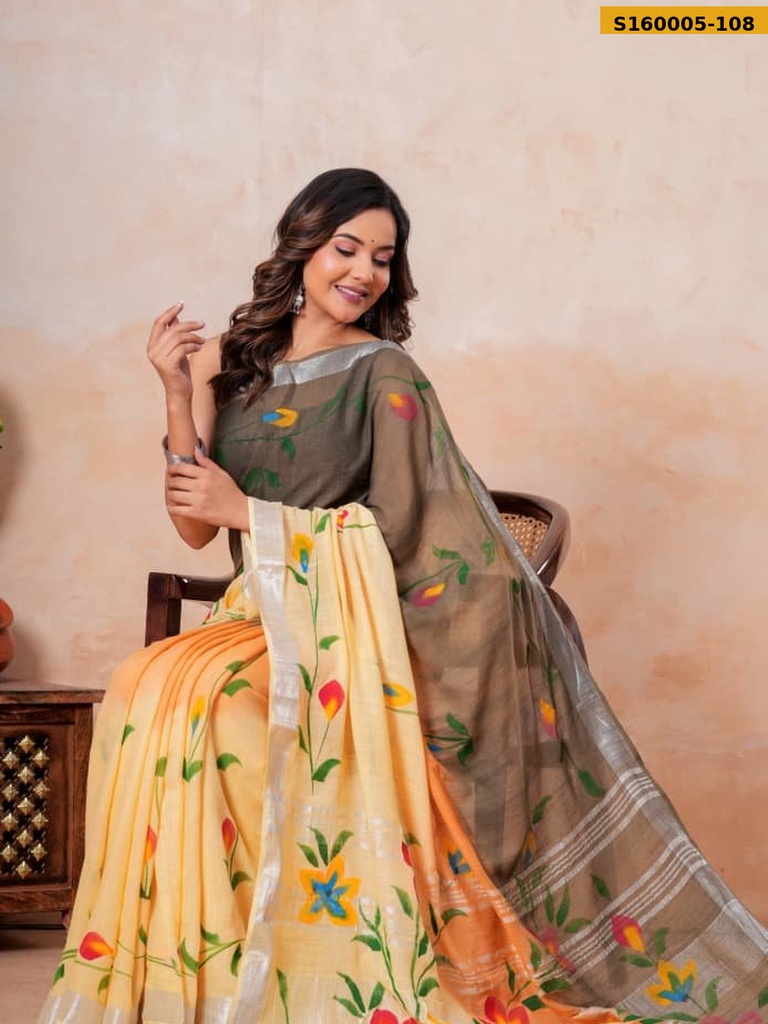 Fancy Handblock Print Linen Sarees