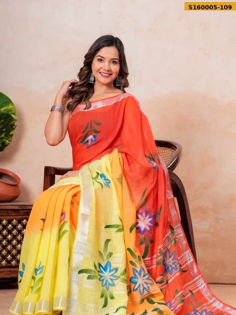 Fancy Handblock Print Linen Sarees