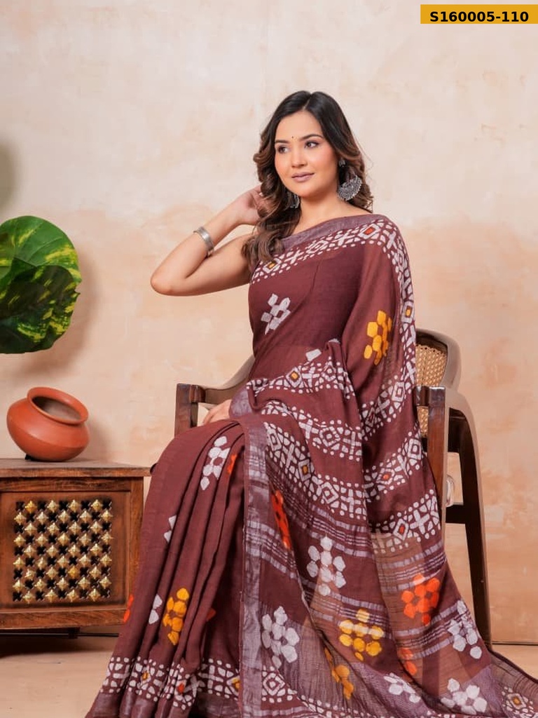 Fancy Handblock Print Linen Sarees