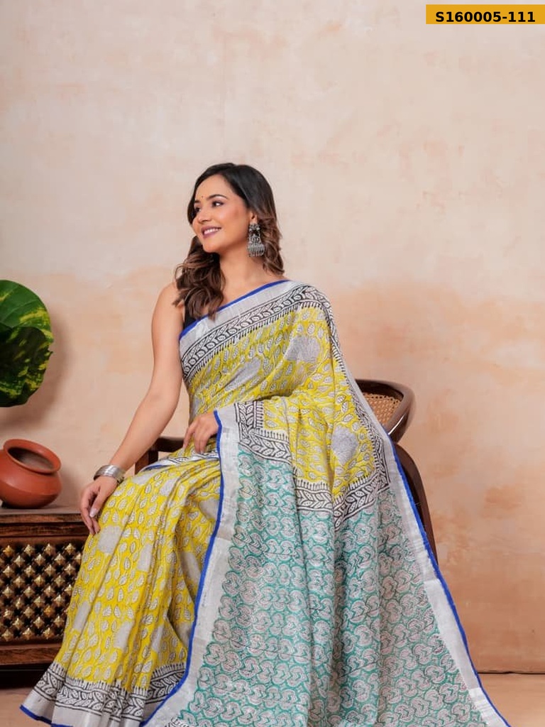 Fancy Handblock Print Linen Sarees