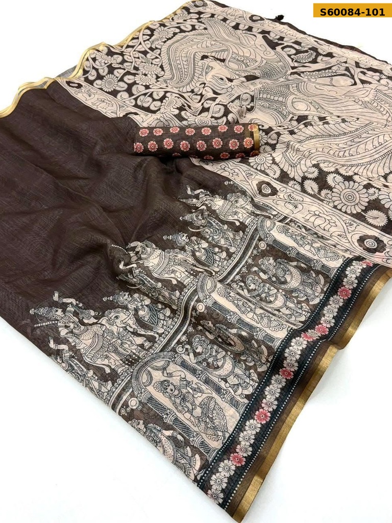 Fancy Soft Linen Kalamkari Printed Saree