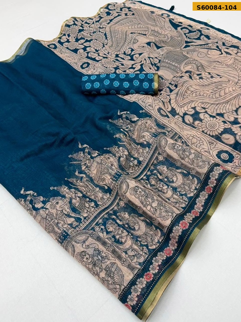 Fancy Soft Linen Kalamkari Printed Saree