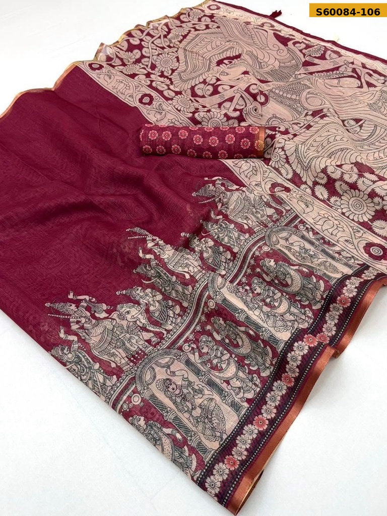 Fancy Soft Linen Kalamkari Printed Saree