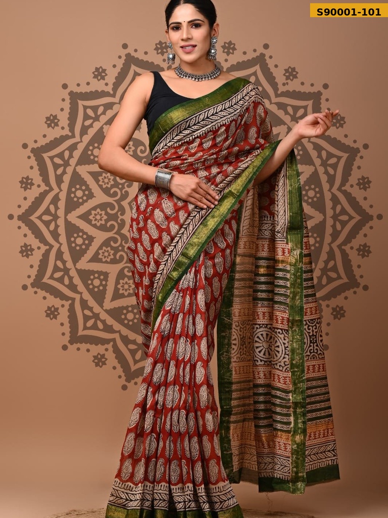Handblock Printed Maheswari Silk Sarees
