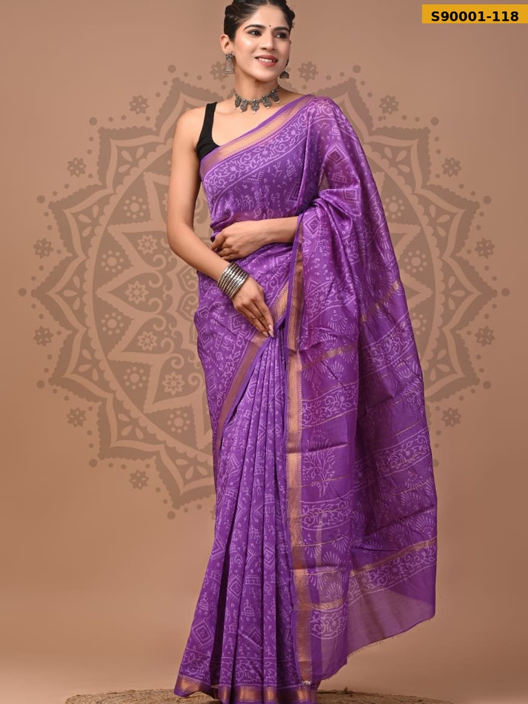 Handblock Printed Maheswari Silk Sarees