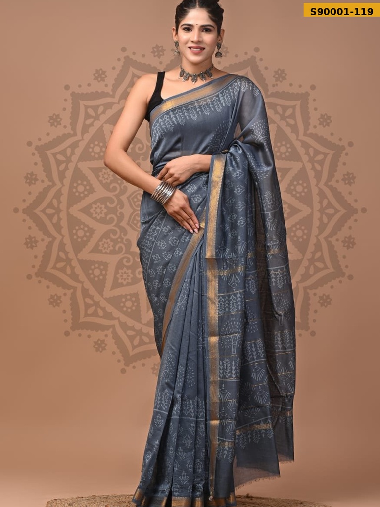 Handblock Printed Maheswari Silk Sarees
