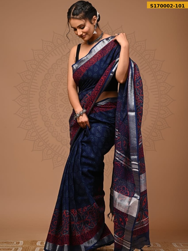 Fancy Handblock Print Linen Sarees
