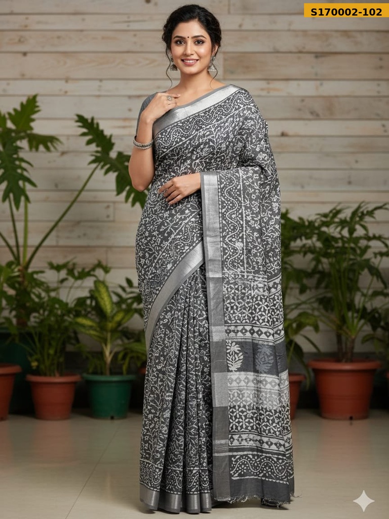 Fancy Handblock Print Linen Sarees