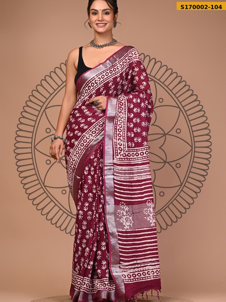 Fancy Handblock Print Linen Sarees