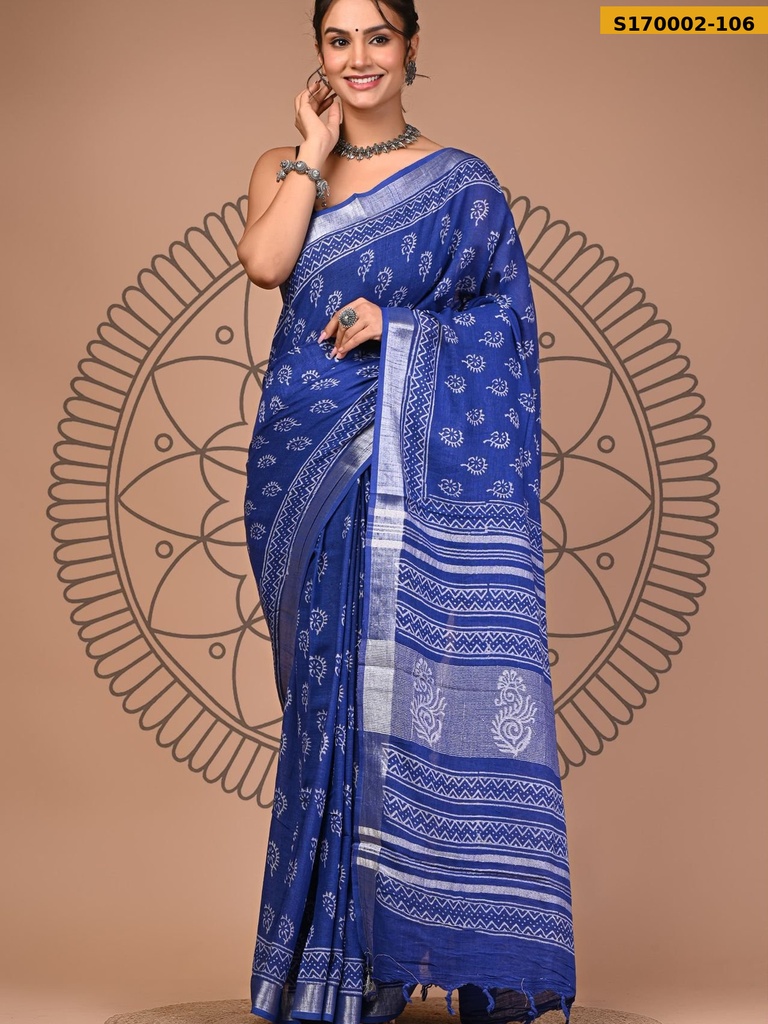 Fancy Handblock Print Linen Sarees