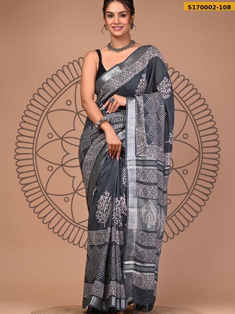 Fancy Handblock Print Linen Sarees