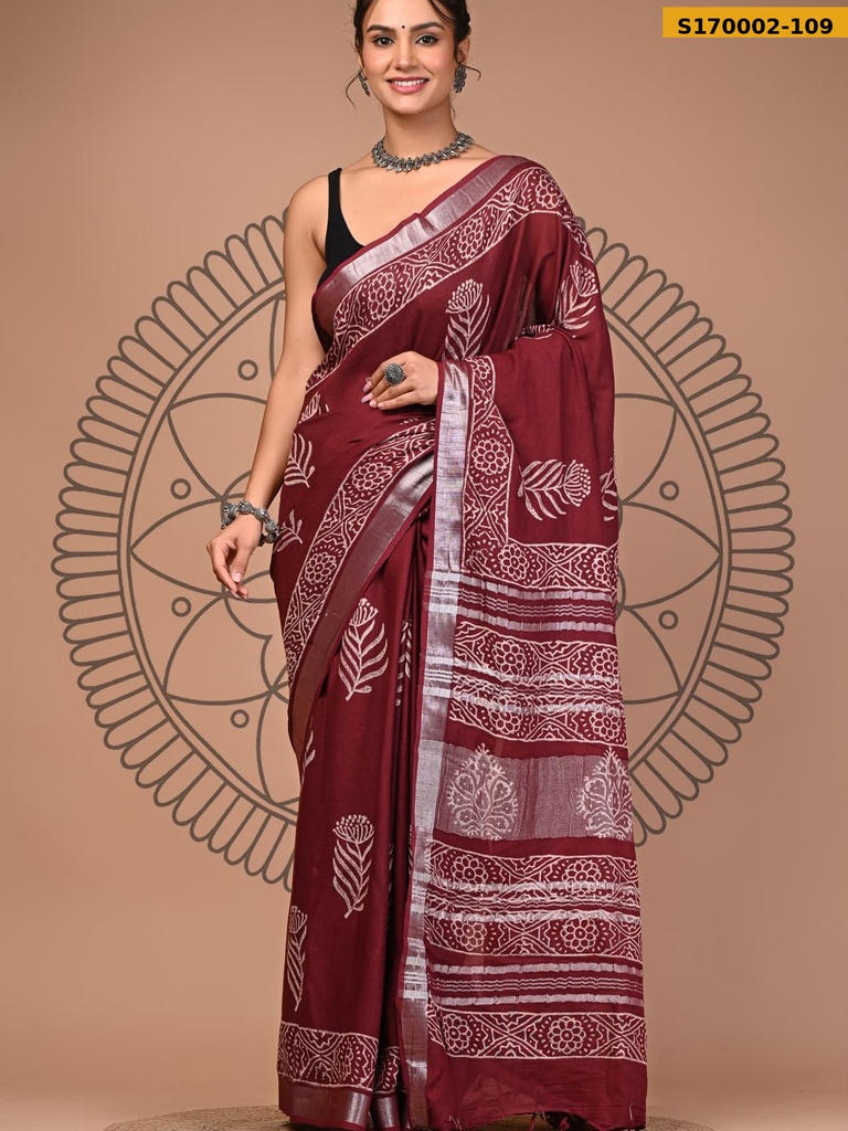 Fancy Handblock Print Linen Sarees