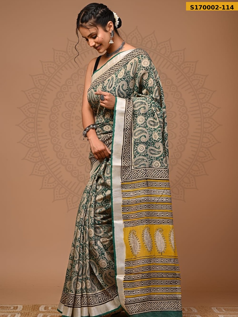 Fancy Handblock Print Linen Sarees