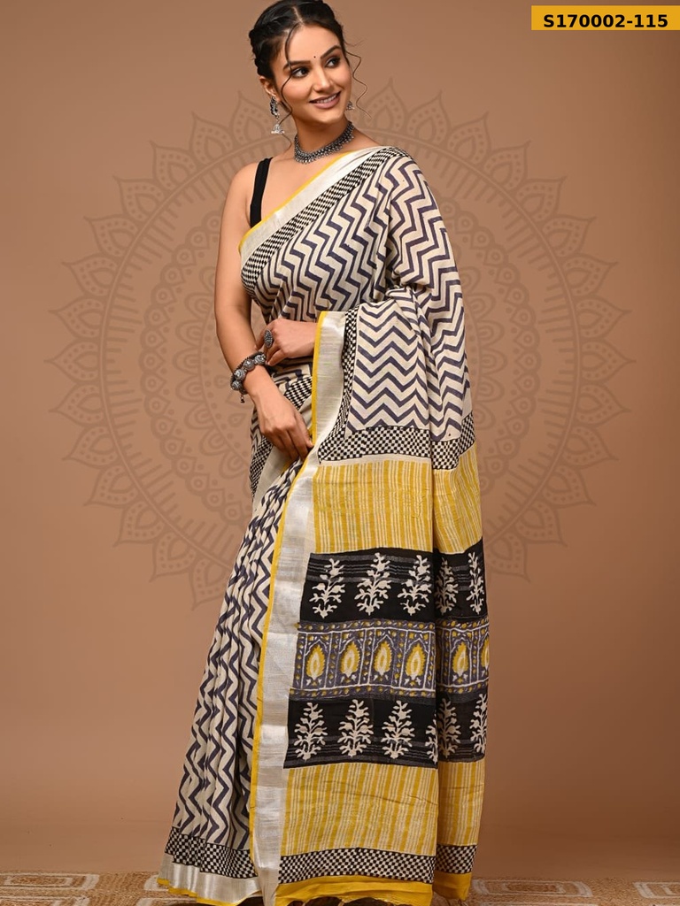 Fancy Handblock Print Linen Sarees