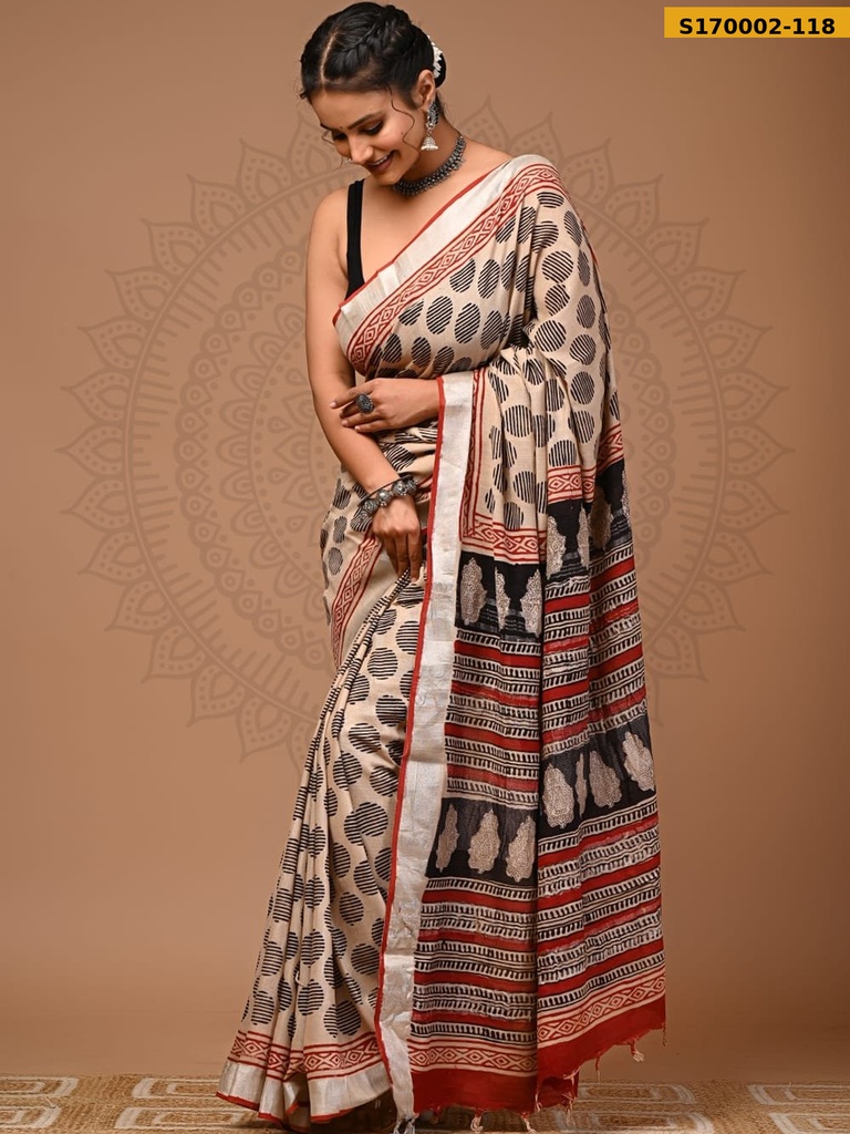 Fancy Handblock Print Linen Sarees