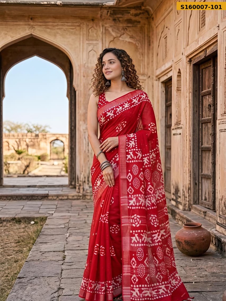 Fancy Handblock Print Linen Sarees