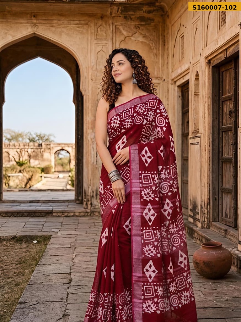 Fancy Handblock Print Linen Sarees