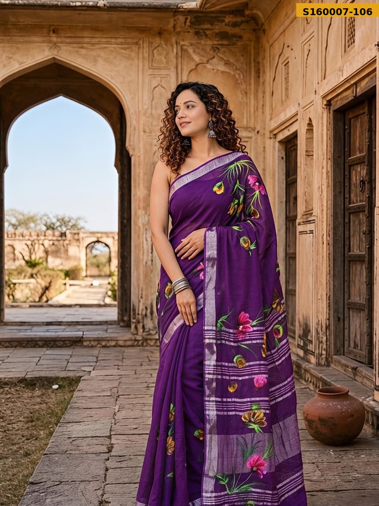 Fancy Handblock Print Linen Sarees