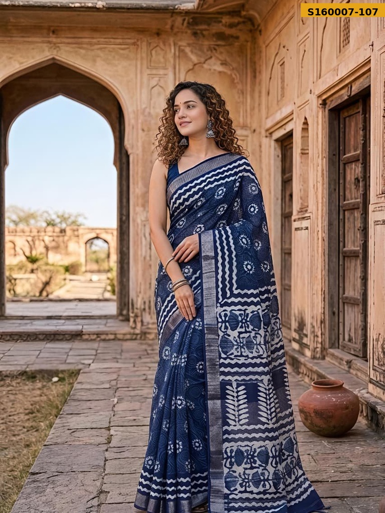 Fancy Handblock Print Linen Sarees