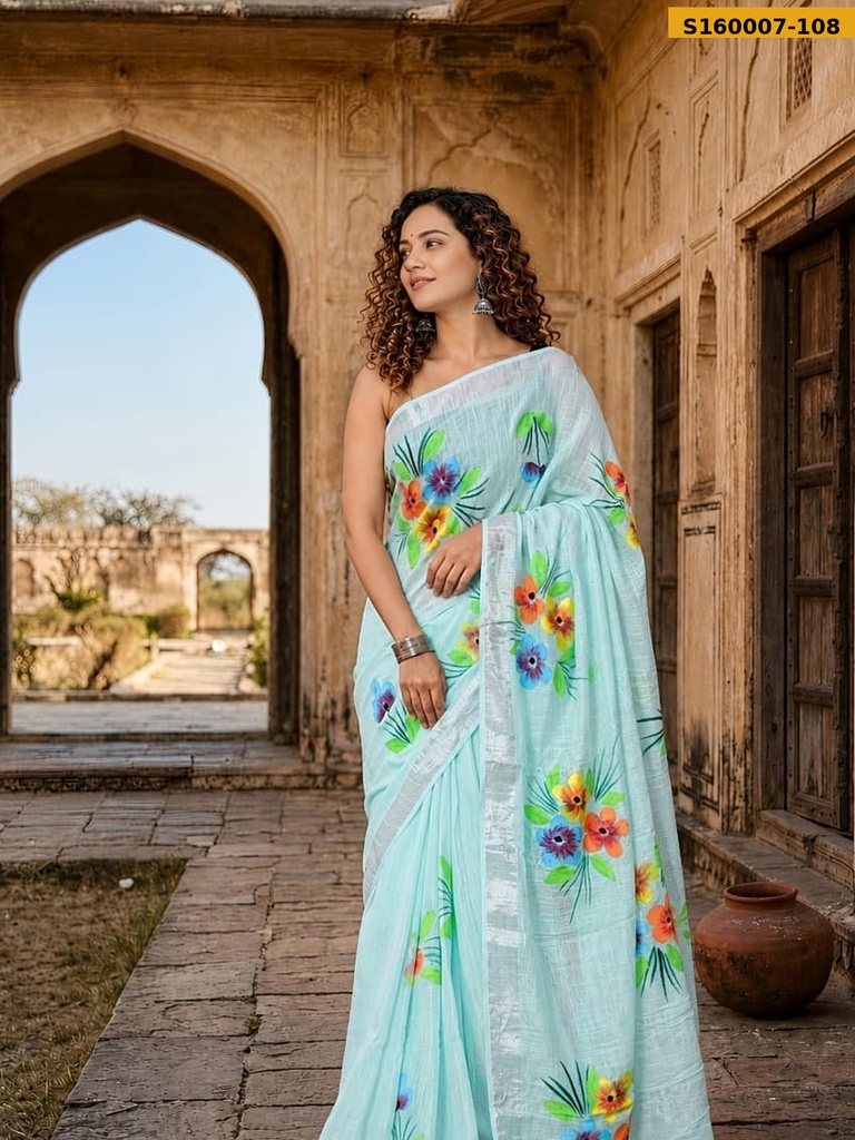 Fancy Handblock Print Linen Sarees