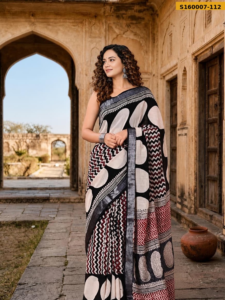 Fancy Handblock Print Linen Sarees