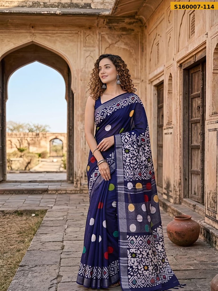 Fancy Handblock Print Linen Sarees