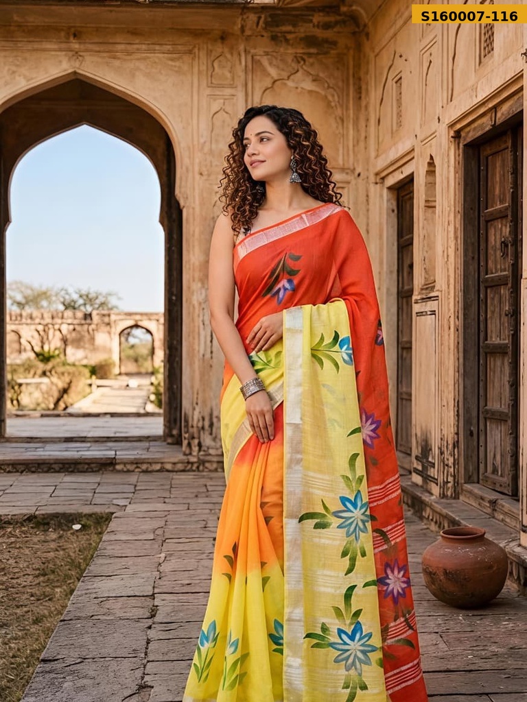 Fancy Handblock Print Linen Sarees