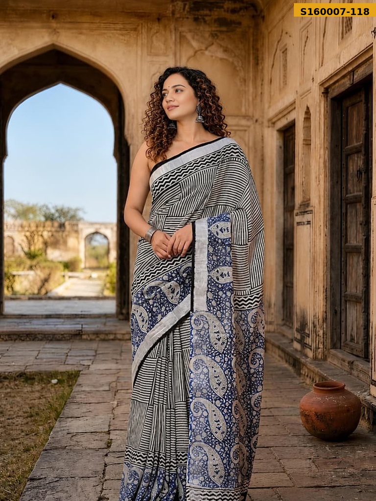 Fancy Handblock Print Linen Sarees