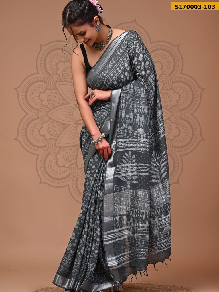 Fancy Handblock Print Linen Sarees