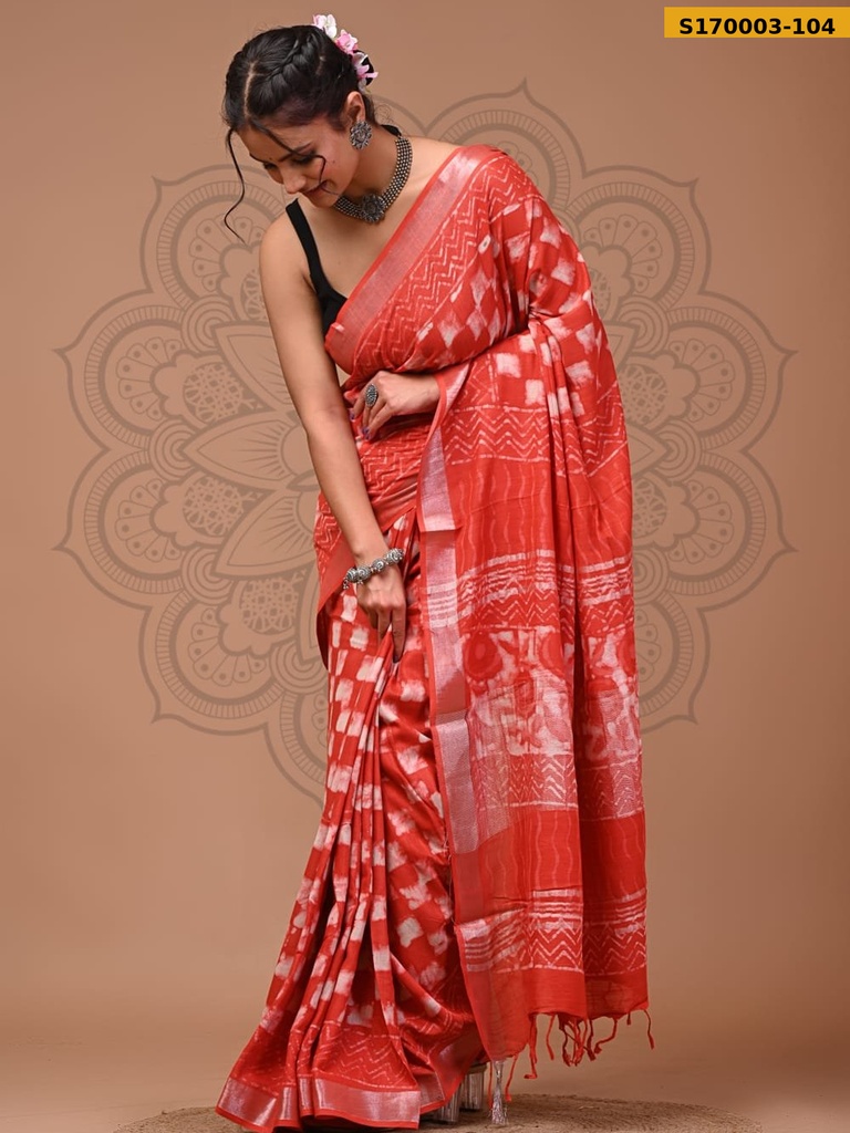 Fancy Handblock Print Linen Sarees