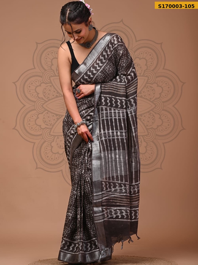 Fancy Handblock Print Linen Sarees