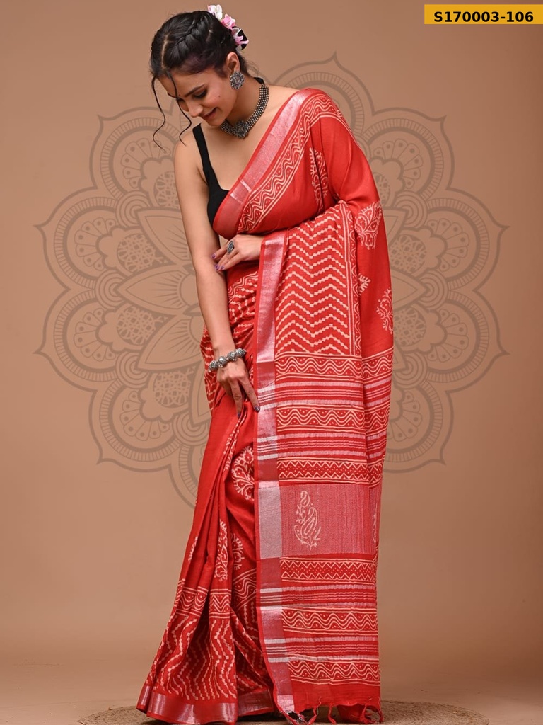Fancy Handblock Print Linen Sarees