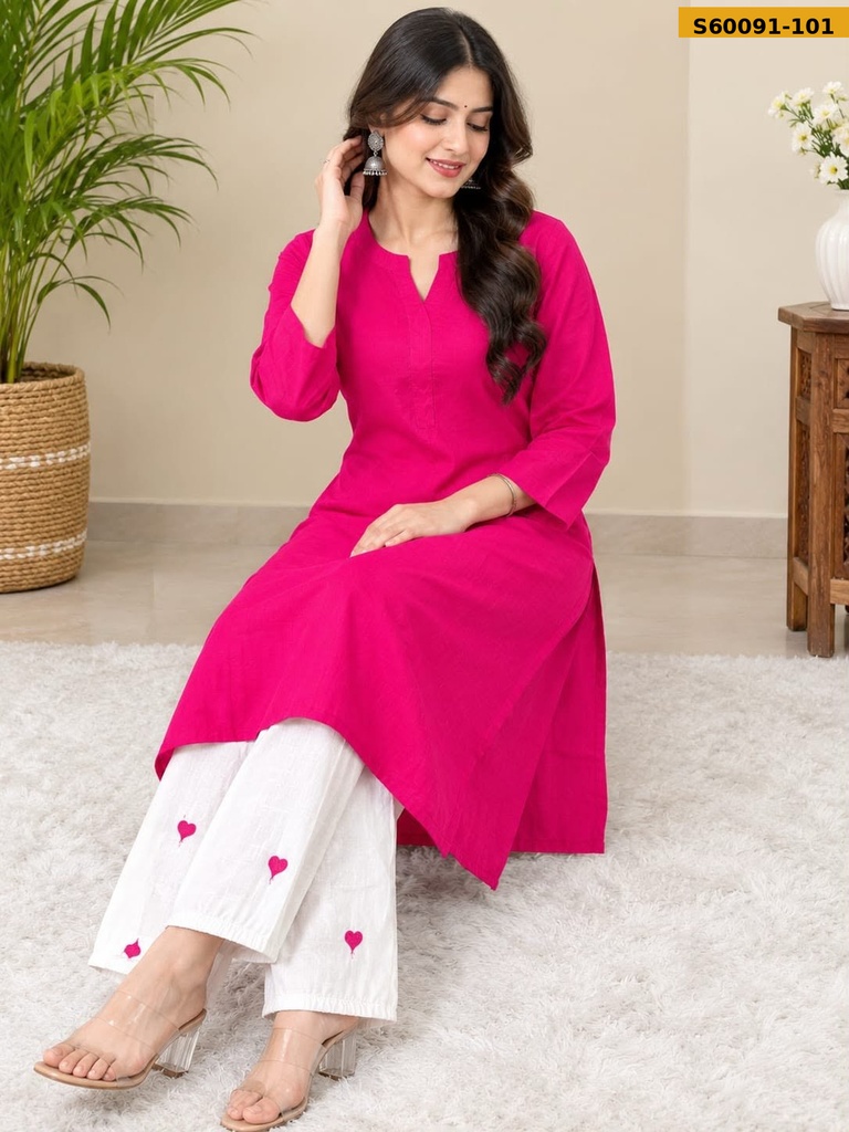 Fancy Solid Kurti With Heart-Detail Pant