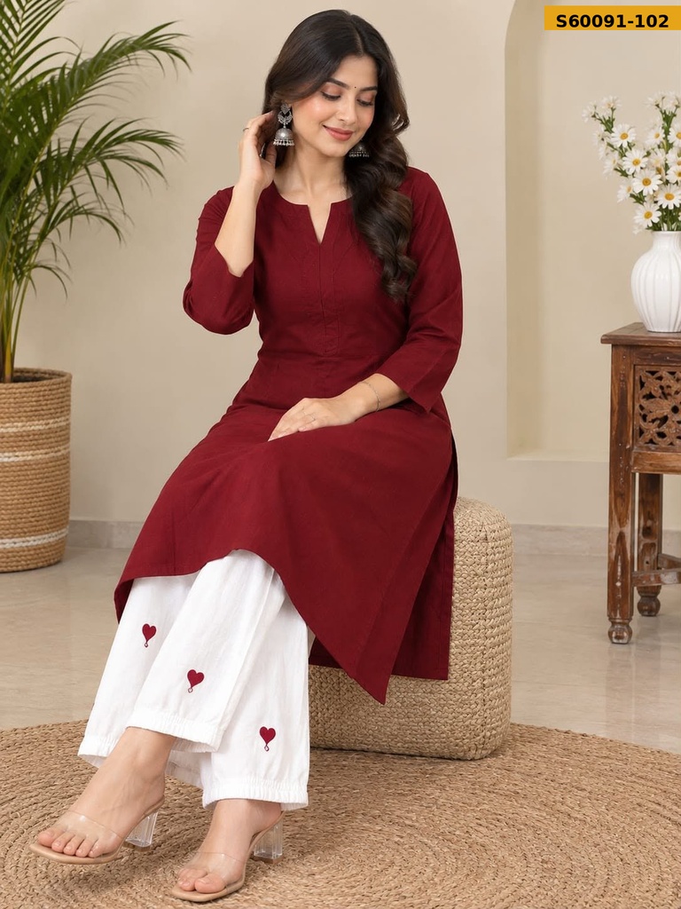 Fancy Solid Kurti With Heart-Detail Pant