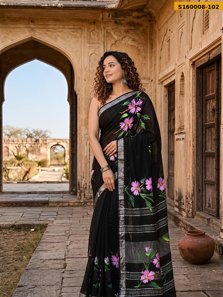 Fancy Handblock Print Linen Sarees