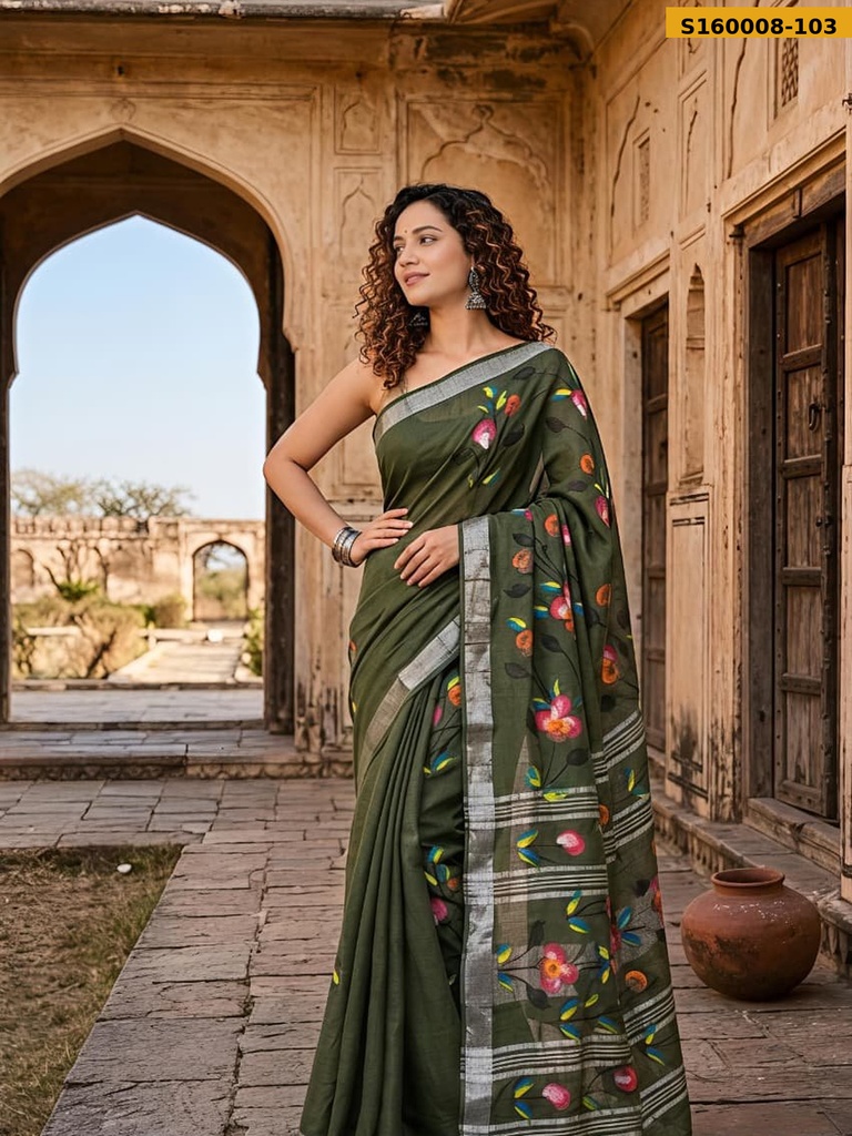 Fancy Handblock Print Linen Sarees