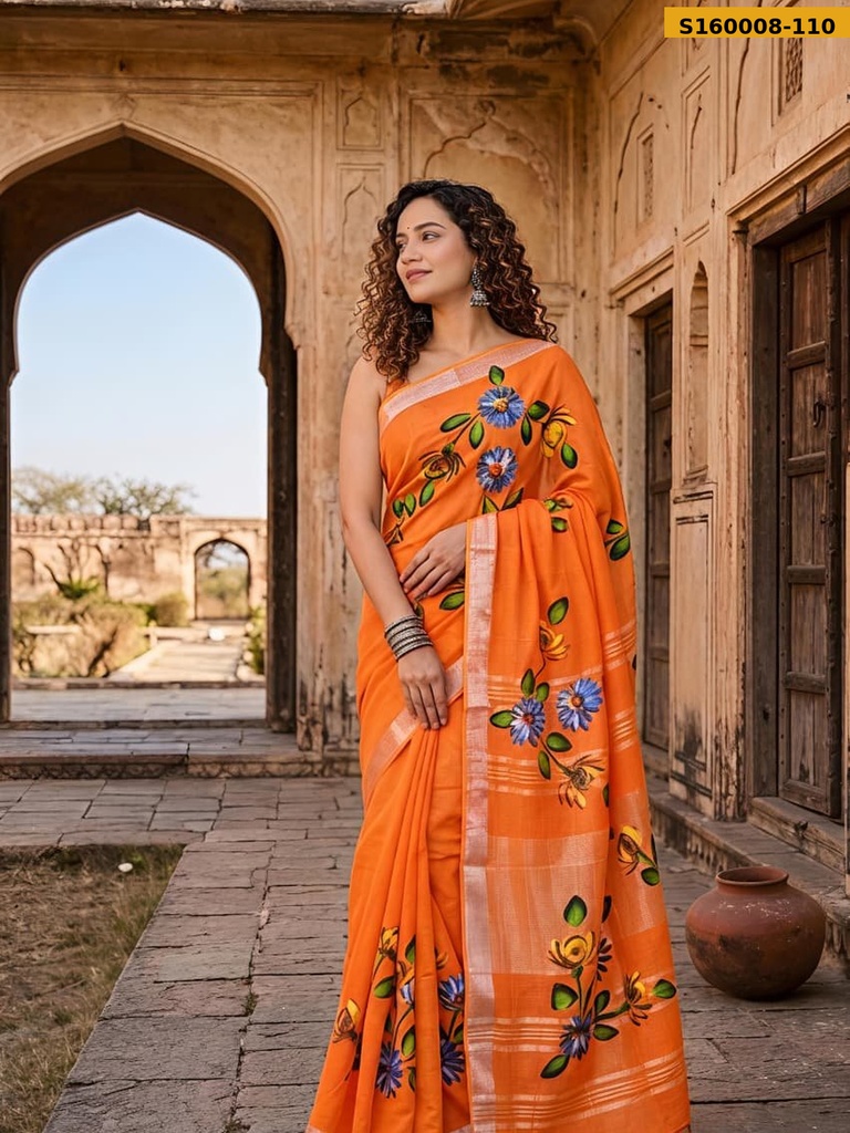 Fancy Handblock Print Linen Sarees