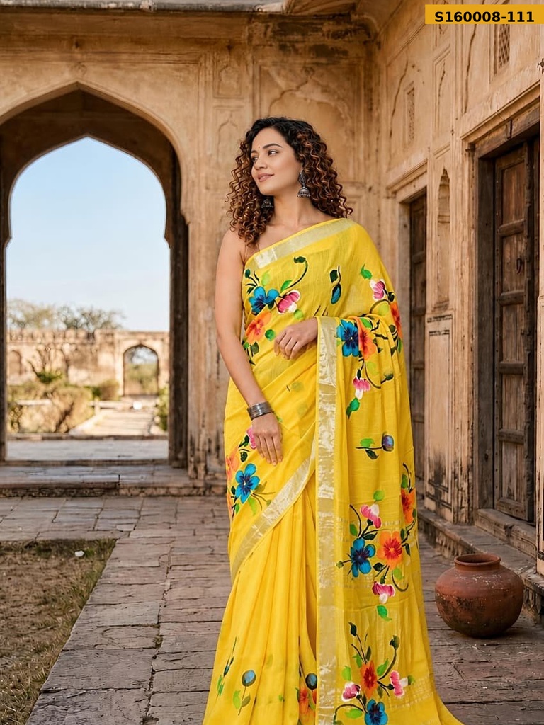 Fancy Handblock Print Linen Sarees