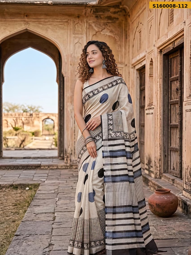 Fancy Handblock Print Linen Sarees