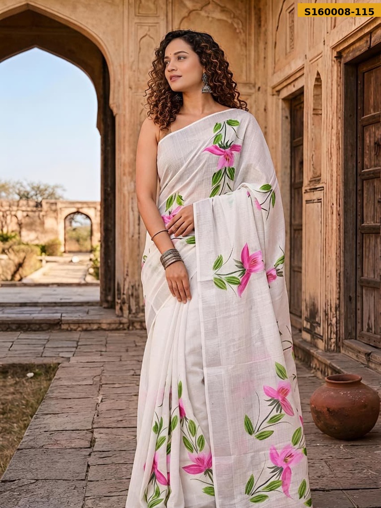 Fancy Handblock Print Linen Sarees