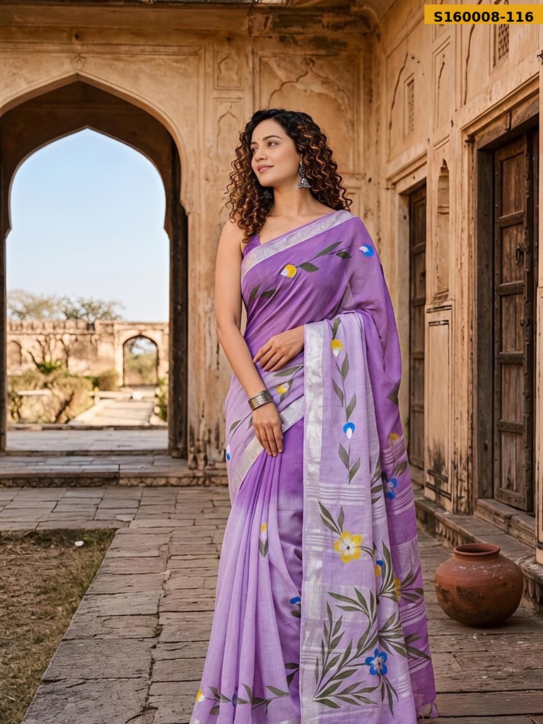 Fancy Handblock Print Linen Sarees