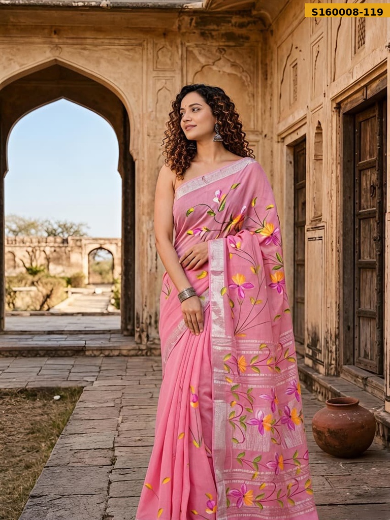 Fancy Handblock Print Linen Sarees