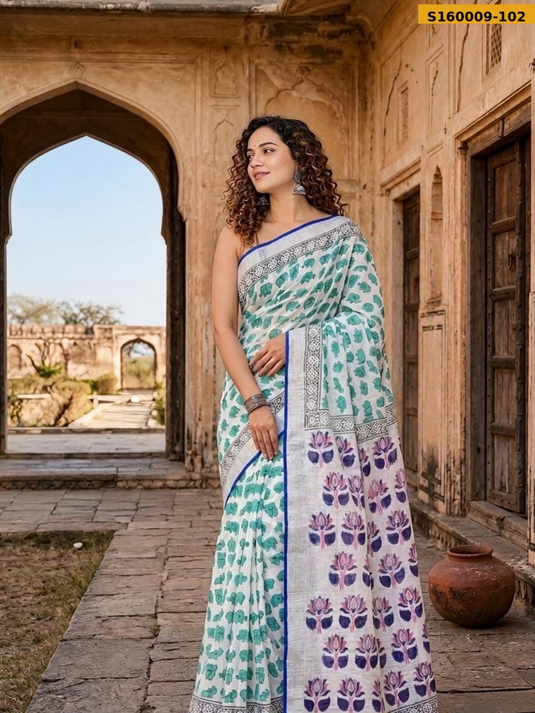 Fancy Handblock Print Linen Sarees