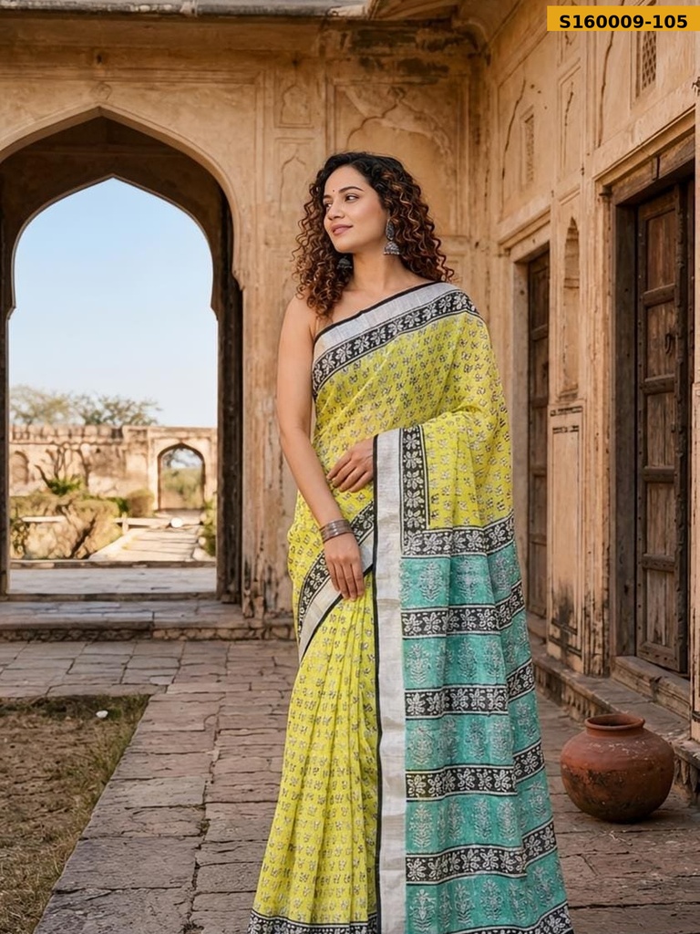 Fancy Handblock Print Linen Sarees
