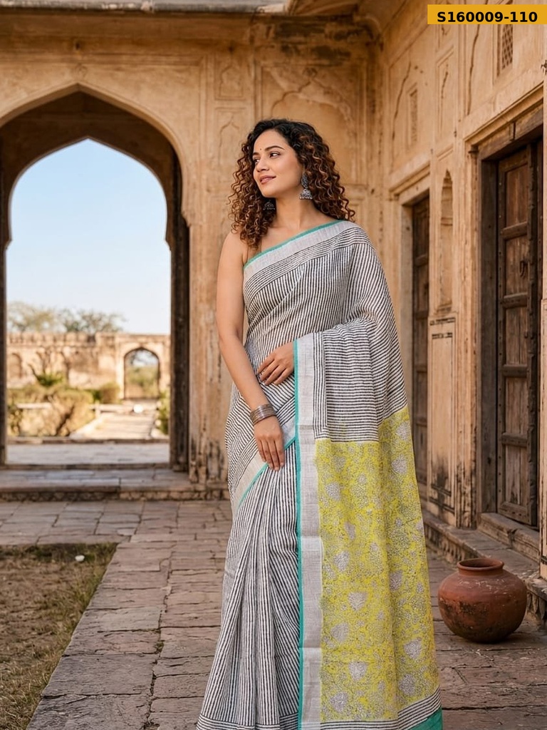 Fancy Handblock Print Linen Sarees