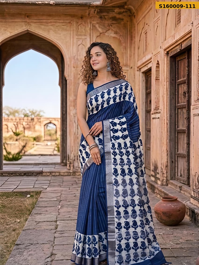 Fancy Handblock Print Linen Sarees