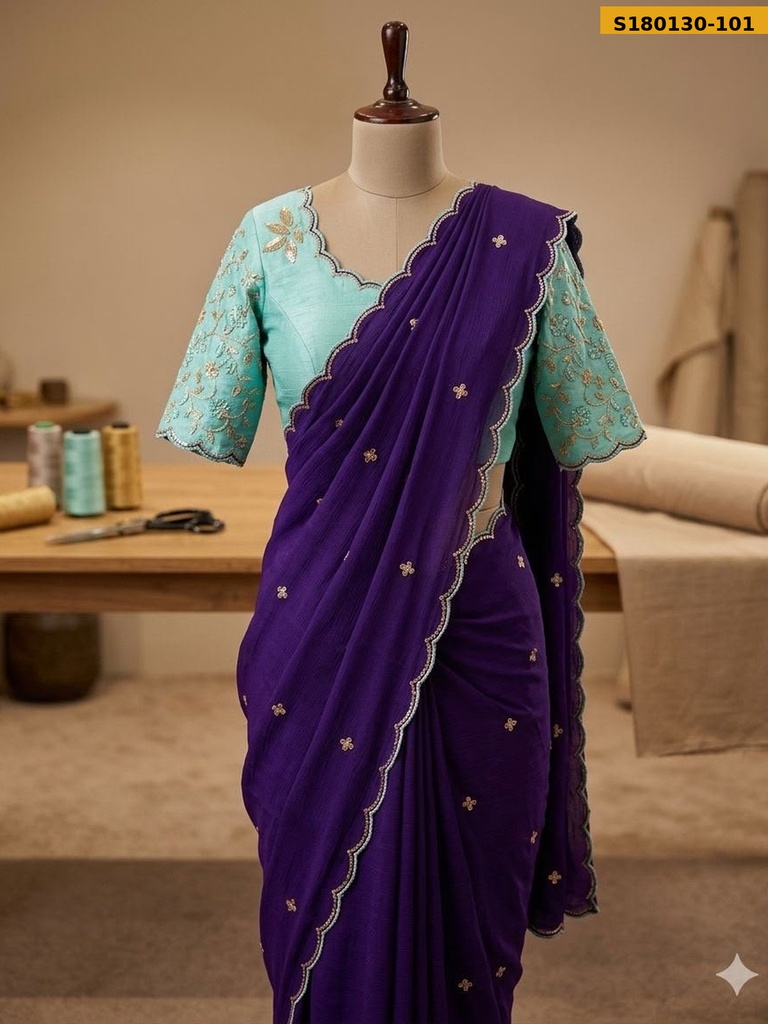 Fancy Chinnon Silk Embroidery Saree